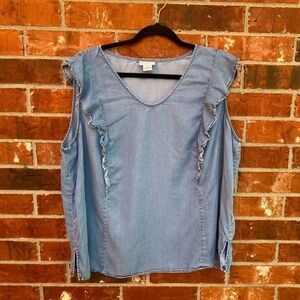 Liz Claiborne Womens 2X Blue Chambray Ruffle Flutter Sleeveless Lyocell Blouse
